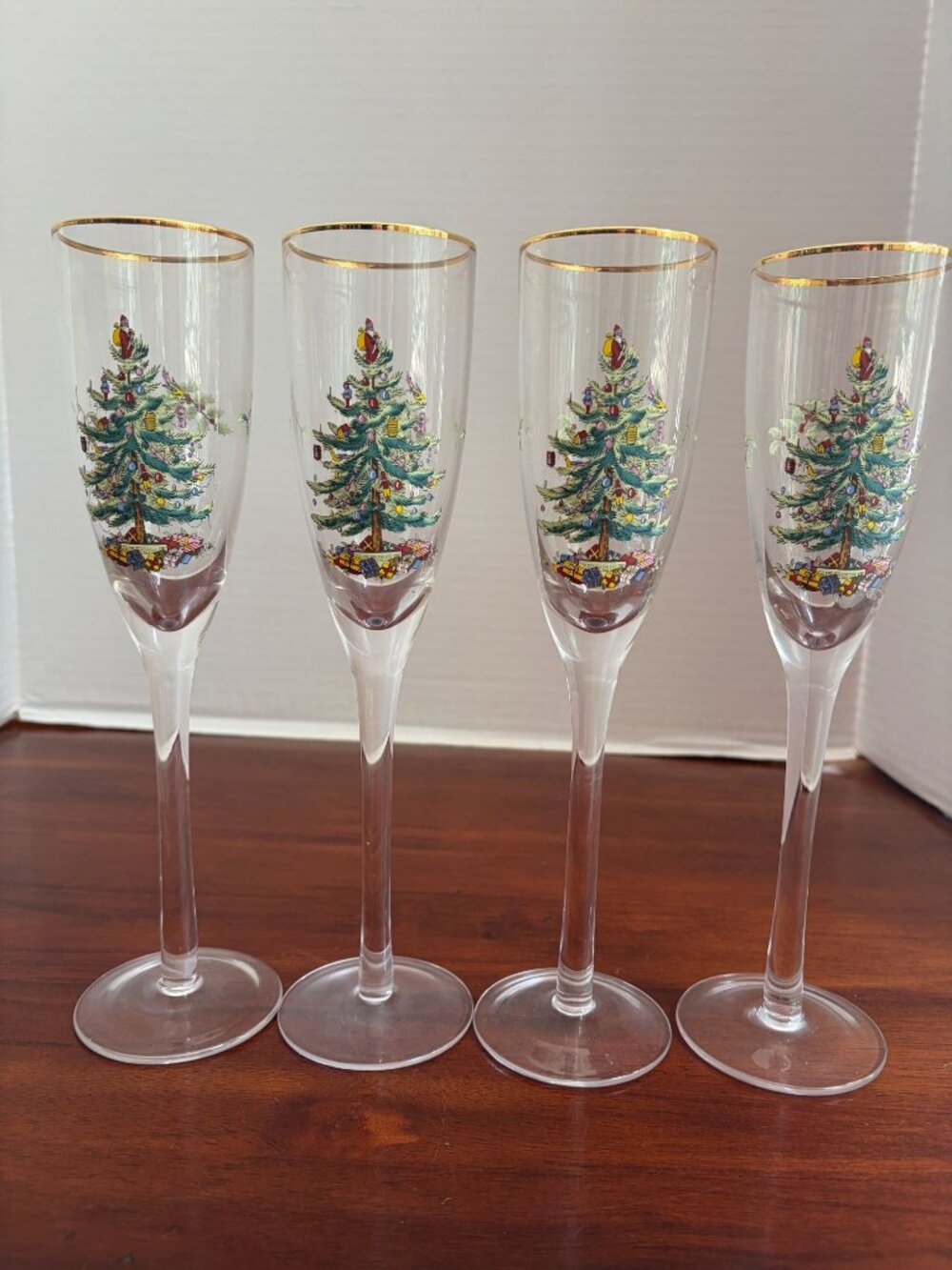 Spode Christmas Tree 11" Champagne Gold Rimmed, Fluted Glasses (Qty. 4)